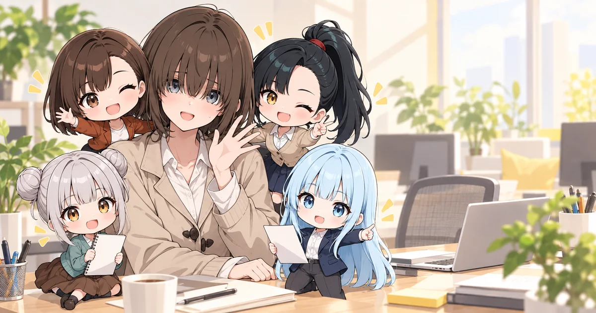 運営者のもこと、バーチャルオフィスの社員たちのちびキャラが、オフィスで一緒に手を振っているイラスト