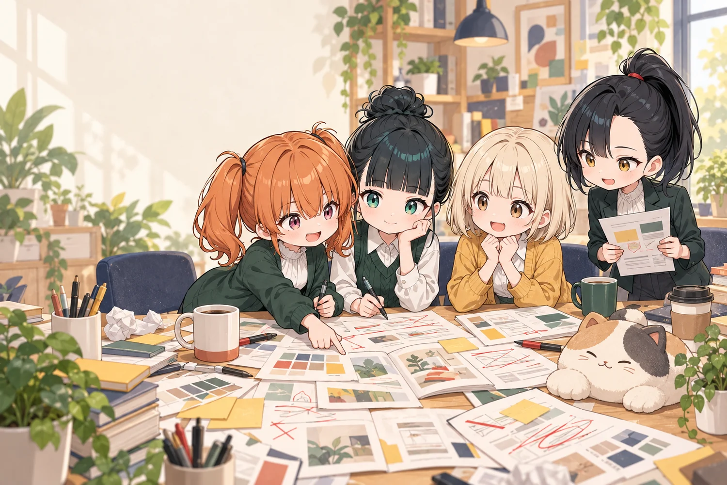 社員たちが、ひとつの原稿をのぞきこみ、直しを指差しながら相談しているイラスト