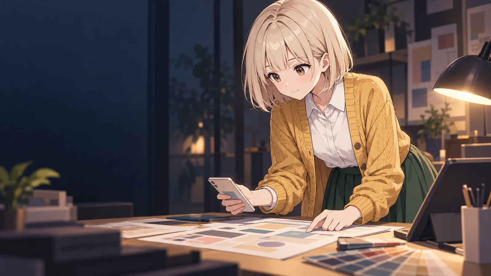 アイリが仕事をしている場面のイラスト