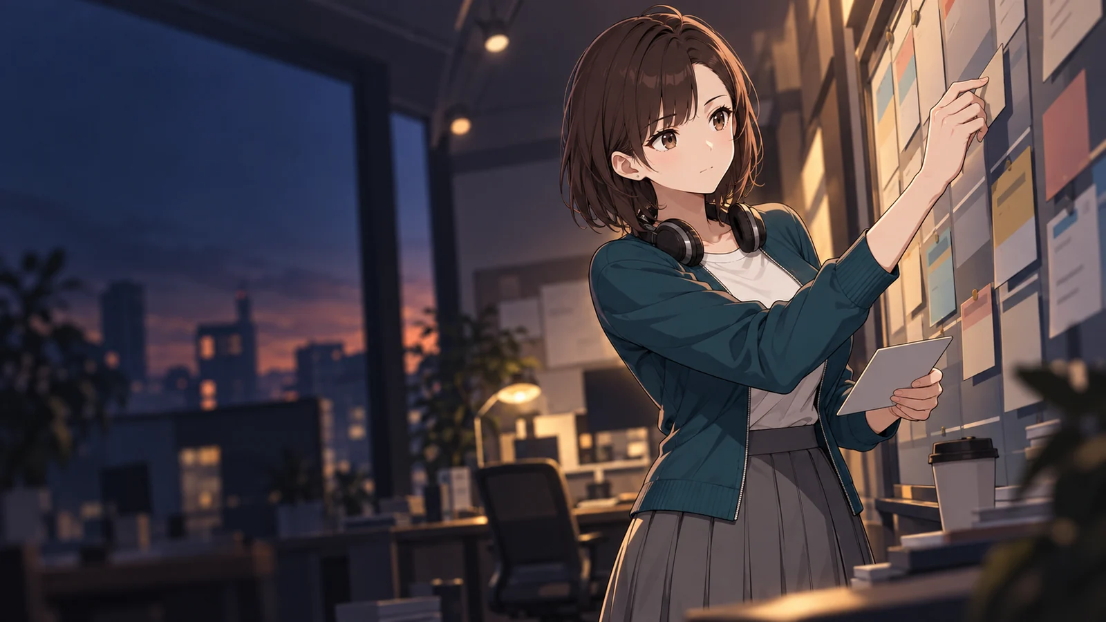 アカリが仕事をしている場面のイラスト