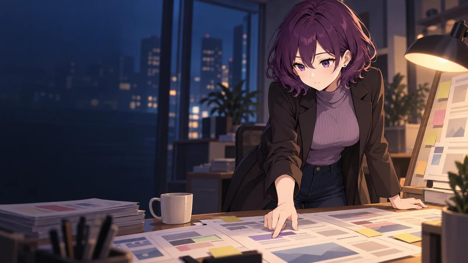 アヤメが仕事をしている場面のイラスト