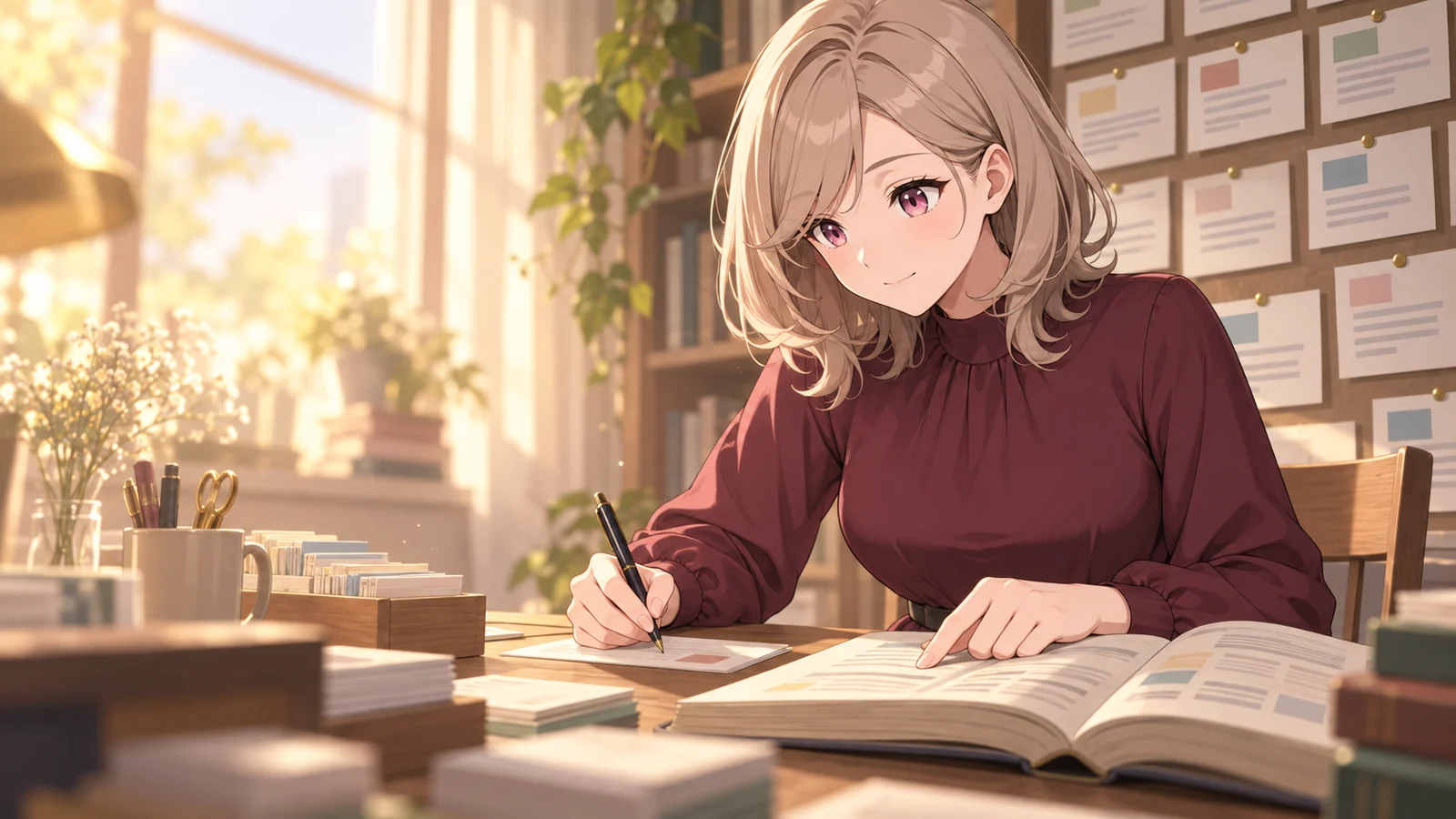アヤノが仕事をしている場面のイラスト