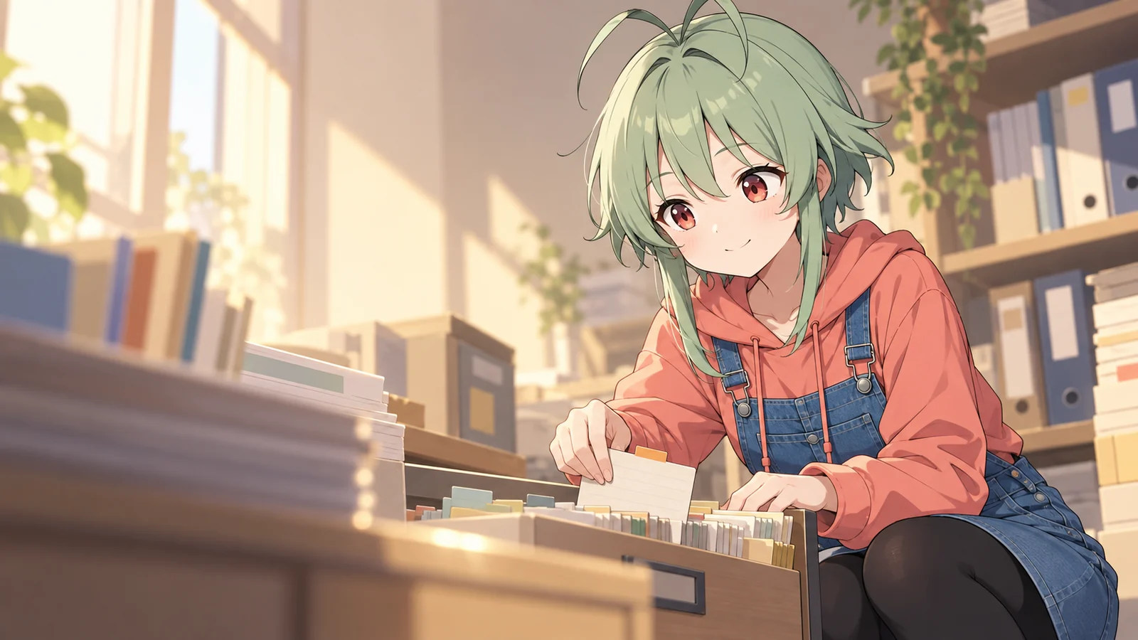 チナツが仕事をしている場面のイラスト