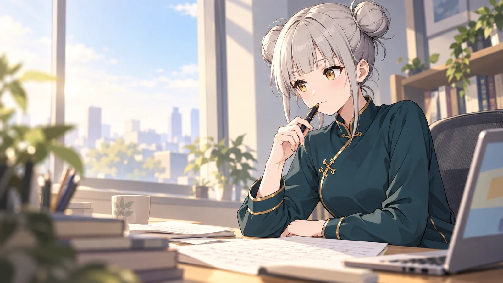 エレナが仕事をしている場面のイラスト