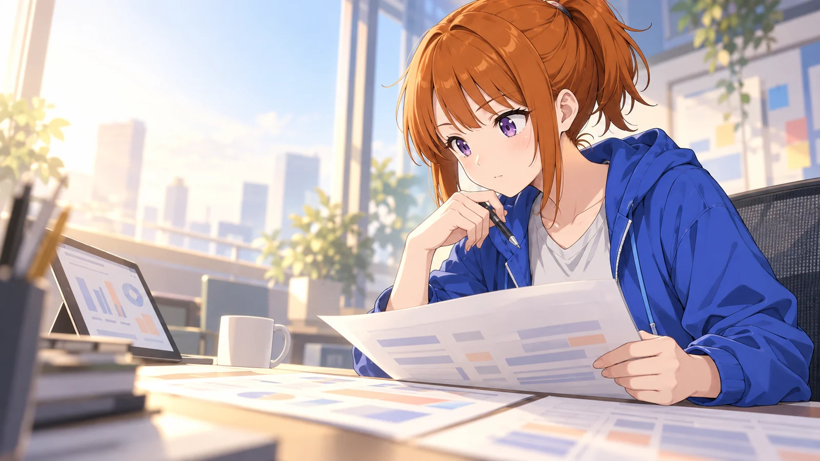 ハルナが仕事をしている場面のイラスト