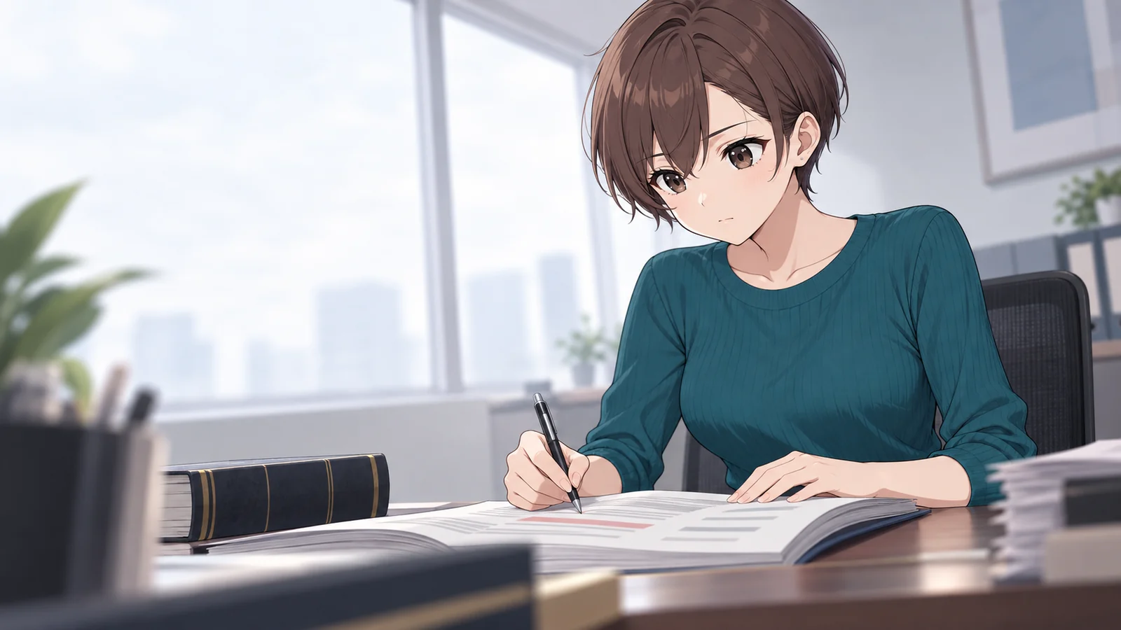 ホノカが仕事をしている場面のイラスト