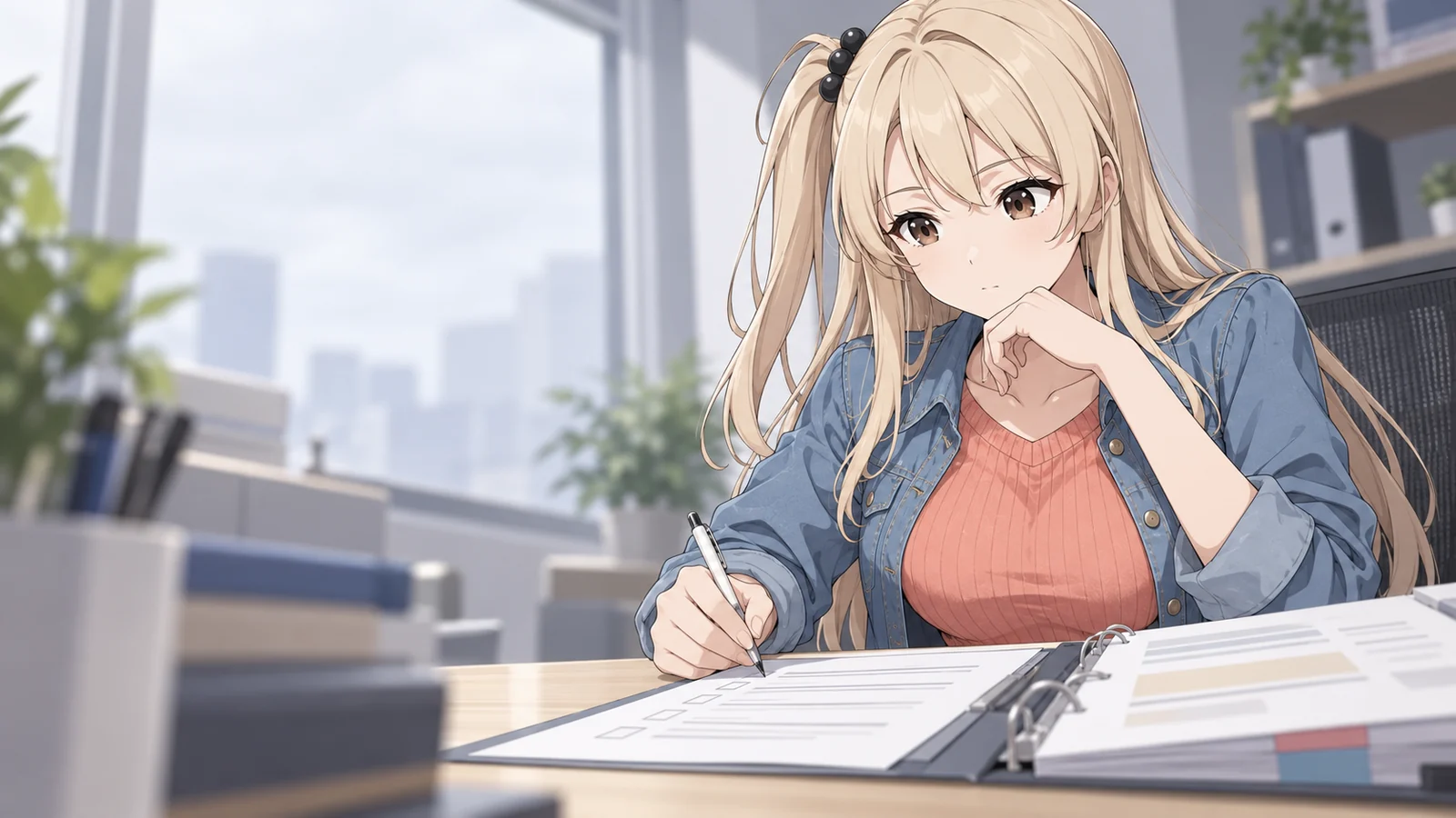 メグミが仕事をしている場面のイラスト