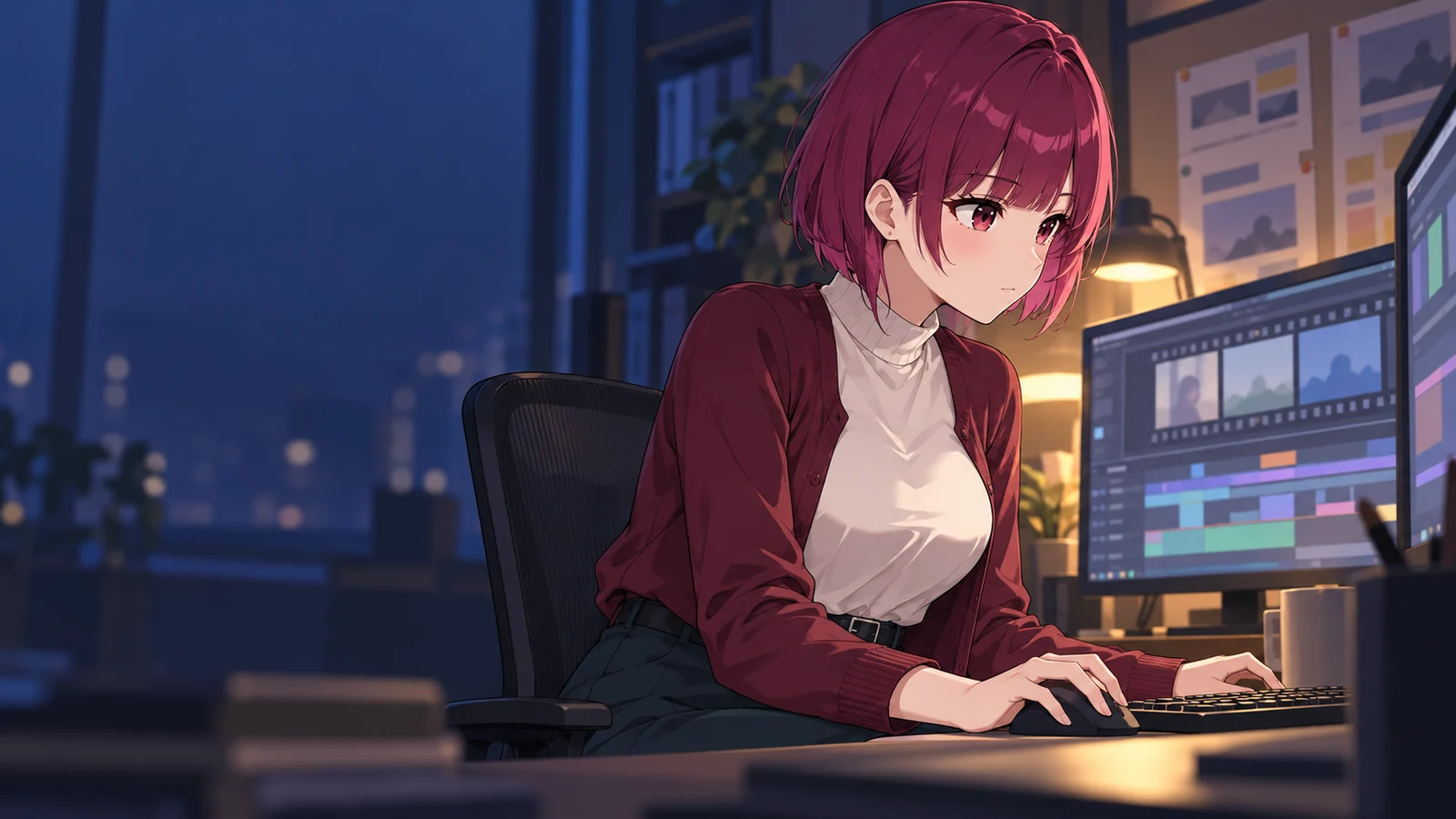 メイが仕事をしている場面のイラスト