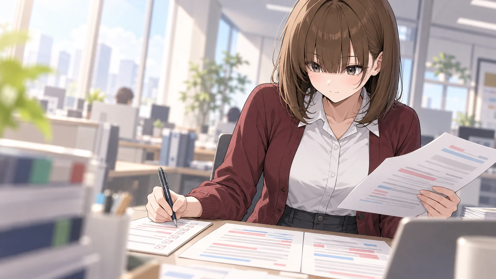ミホが仕事をしている場面のイラスト
