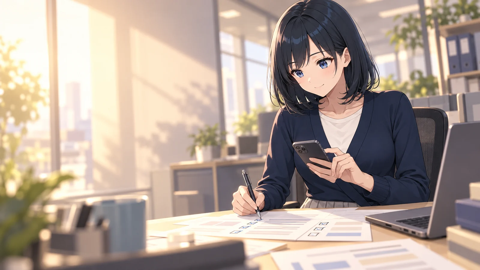 ミコトが仕事をしている場面のイラスト