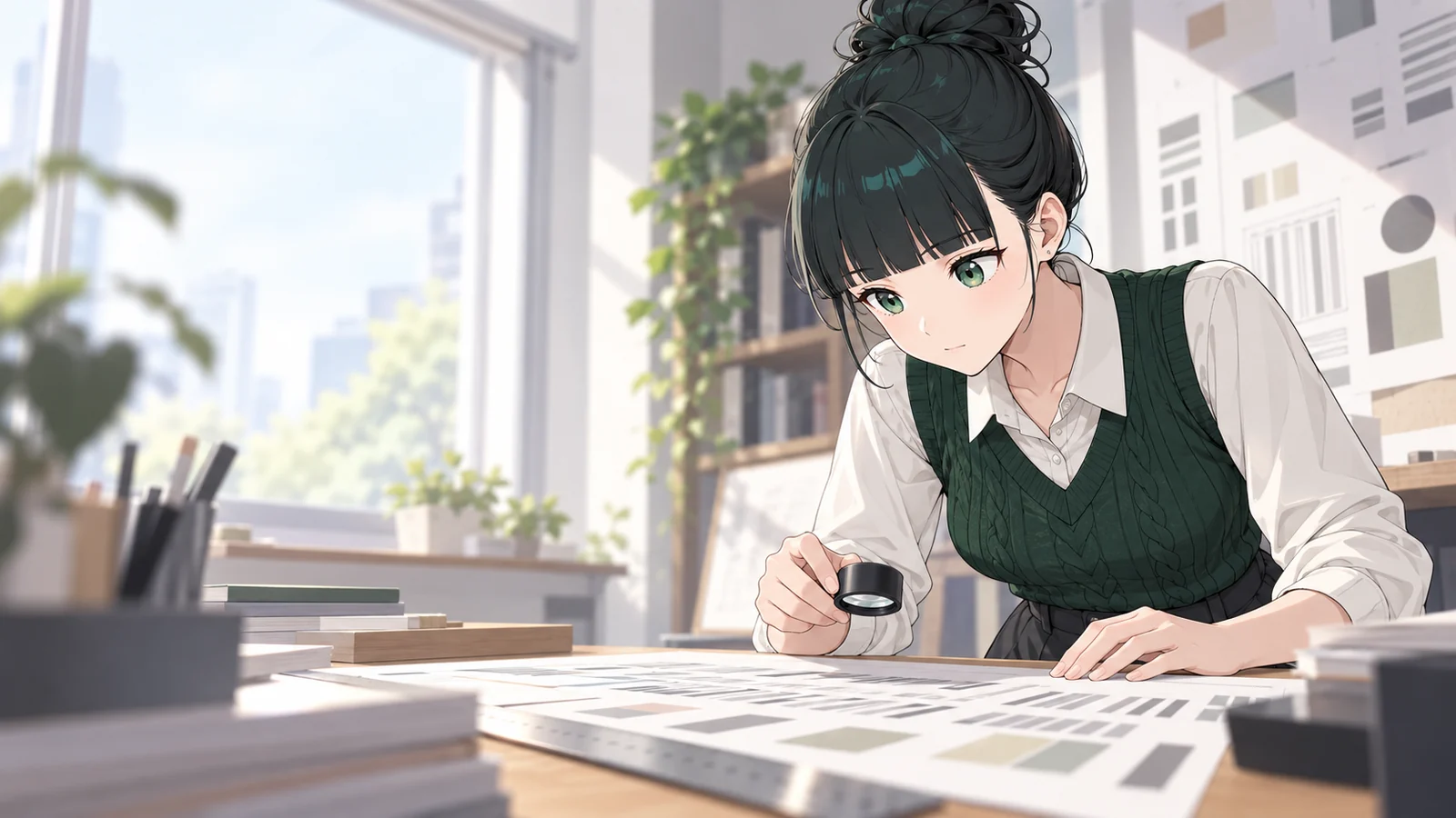 ミオが仕事をしている場面のイラスト
