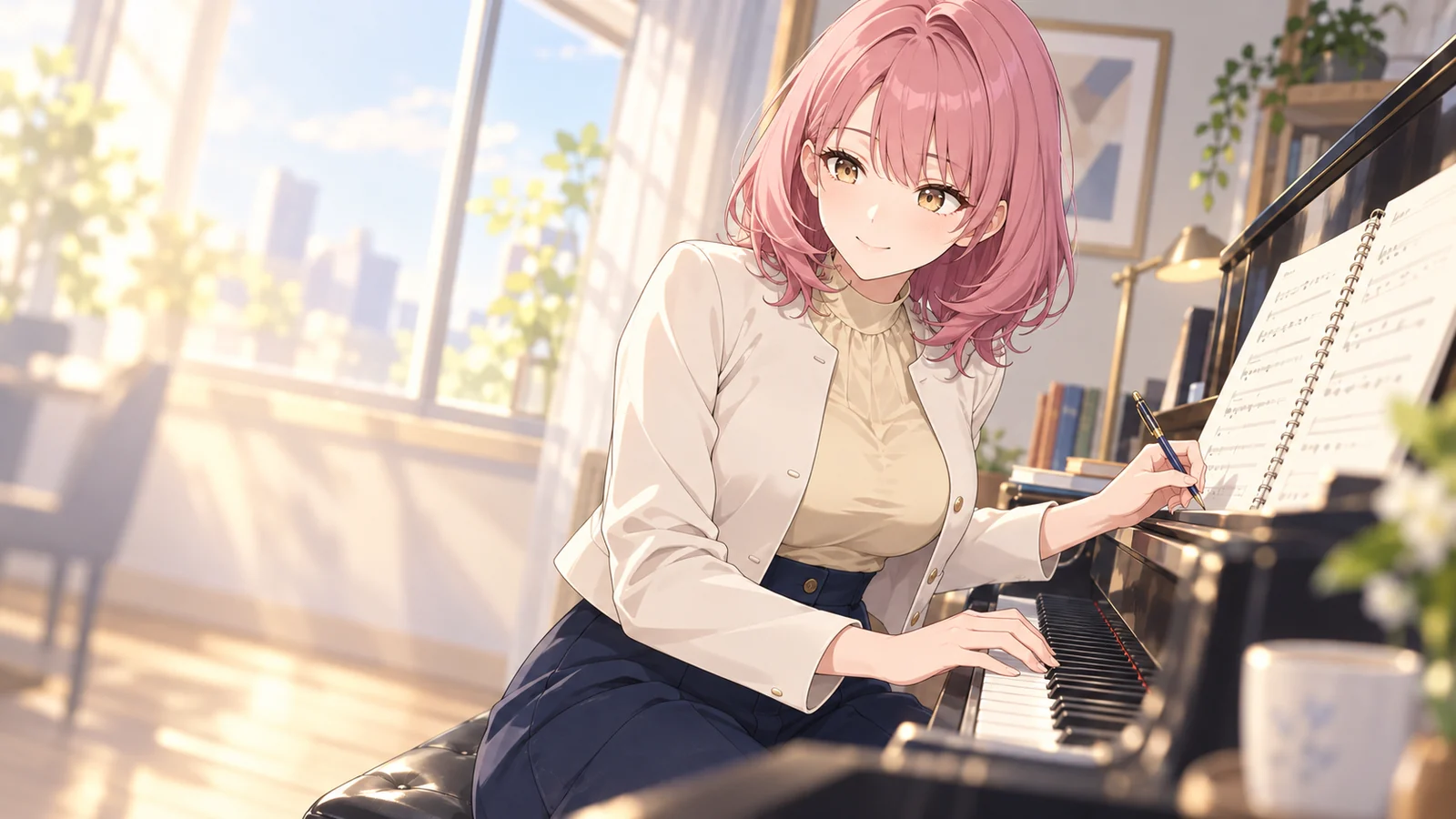 モエカが仕事をしている場面のイラスト