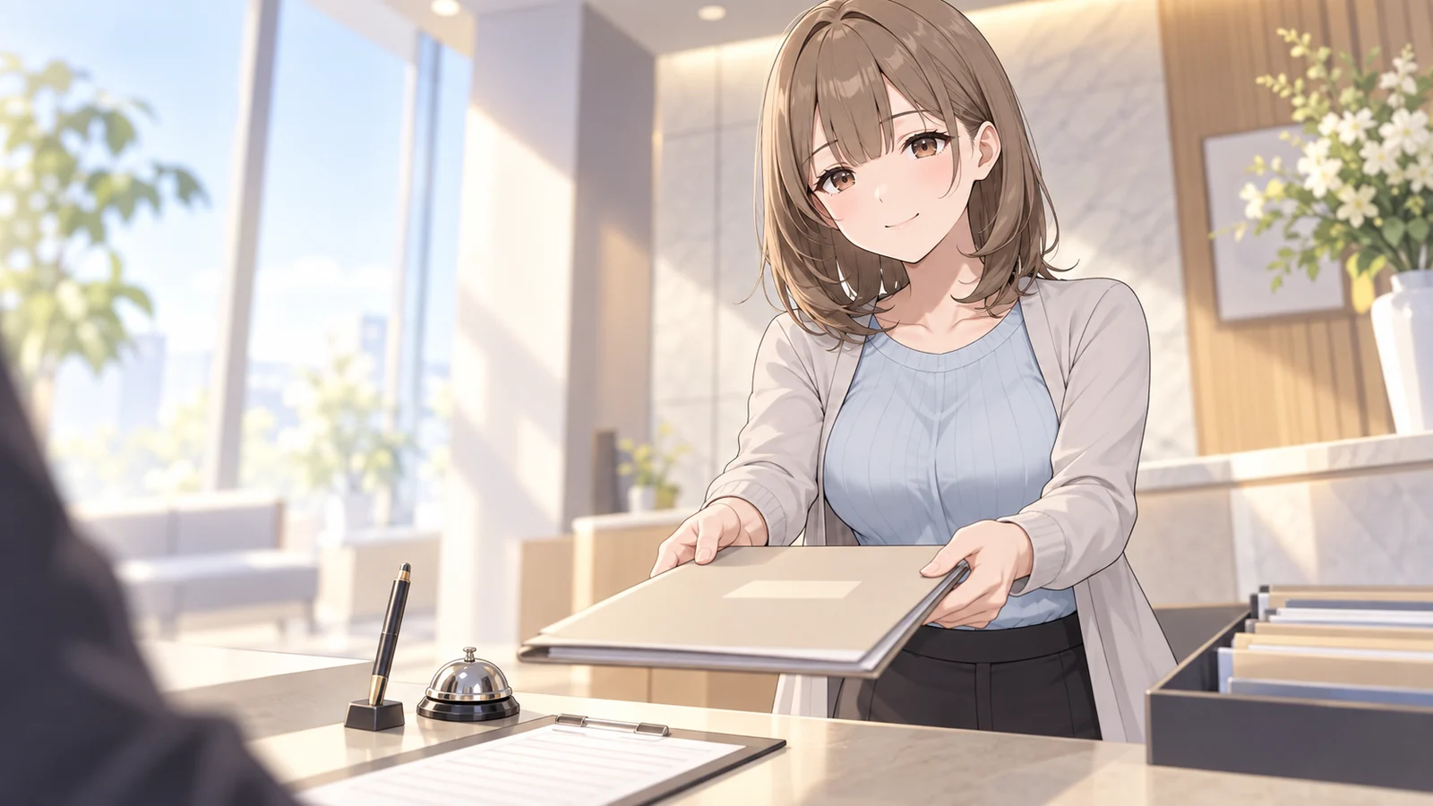 シホが仕事をしている場面のイラスト