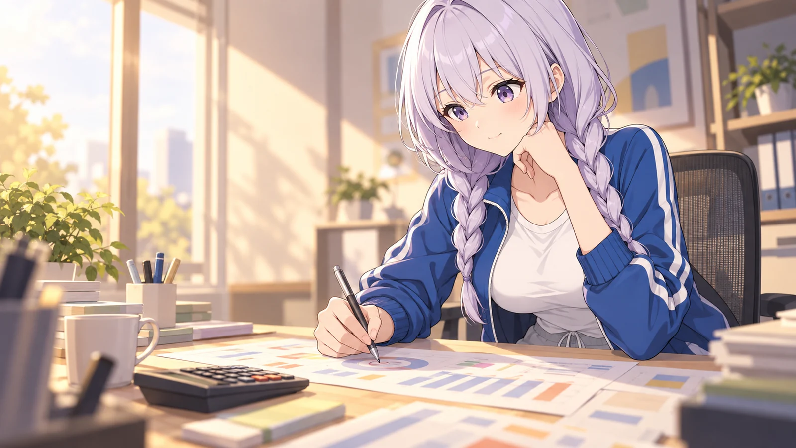 ユウナが仕事をしている場面のイラスト